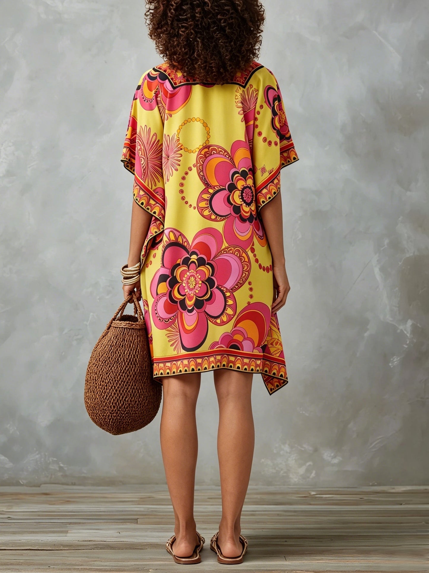 Multicolor Printed Kaftan Mini Dress
