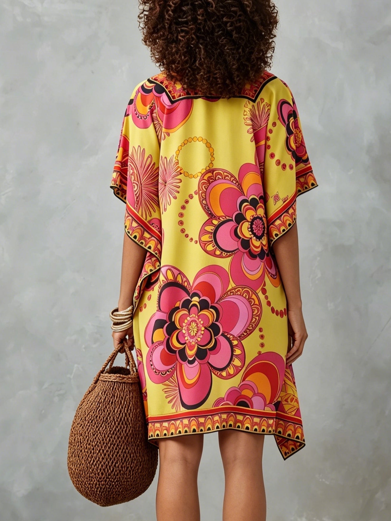 Multicolor Printed Kaftan Mini Dress