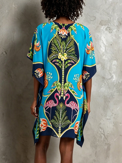 Blue Printed Kaftan Mini Dress
