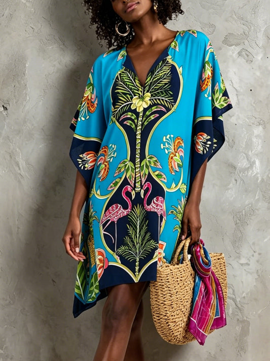 Effortless Blue Tropical Midi Dress for Women with V Neck Kaftan Batwing Sleeve Flowing Resort Style