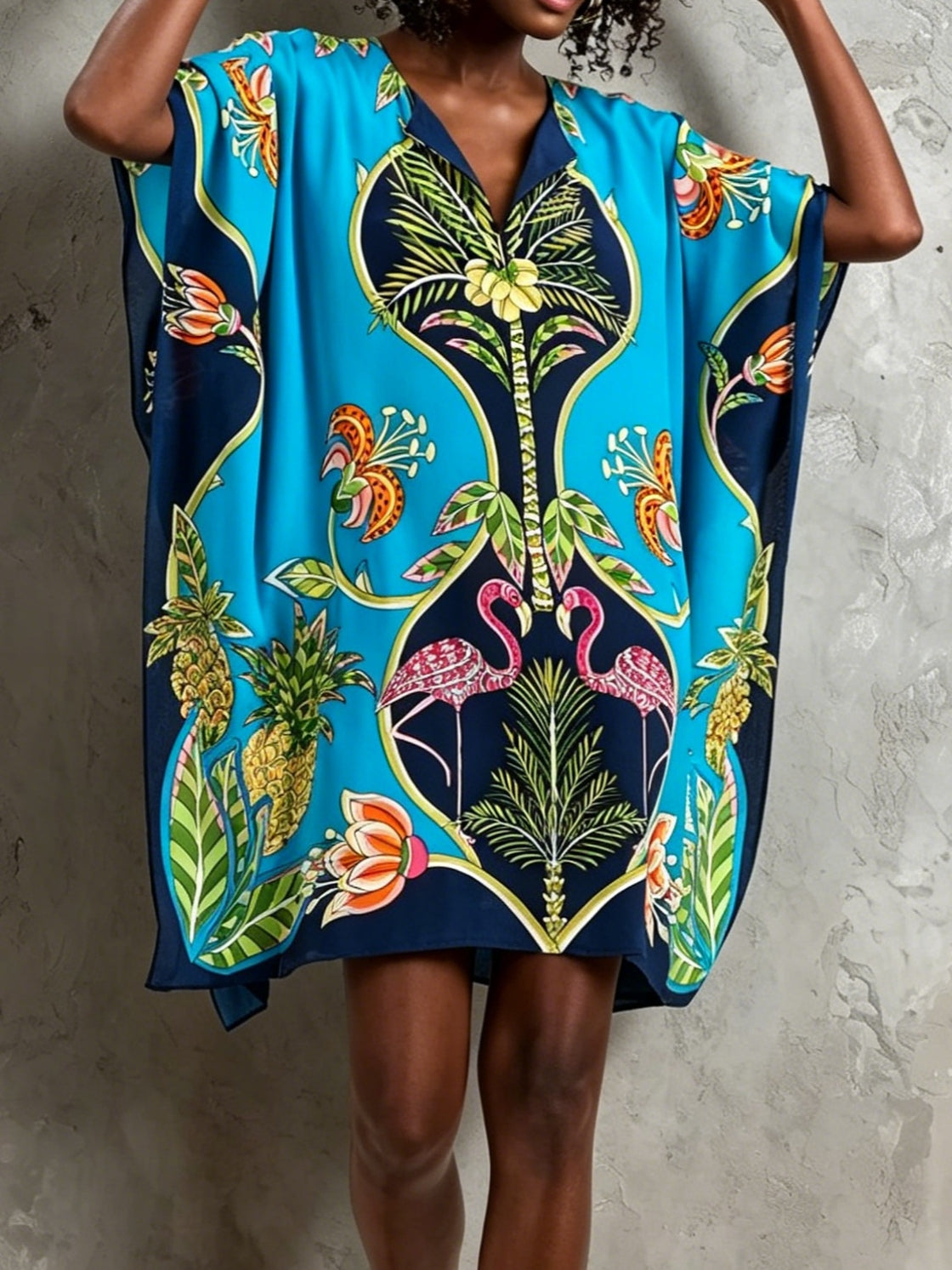 Blue Printed Kaftan Mini Dress