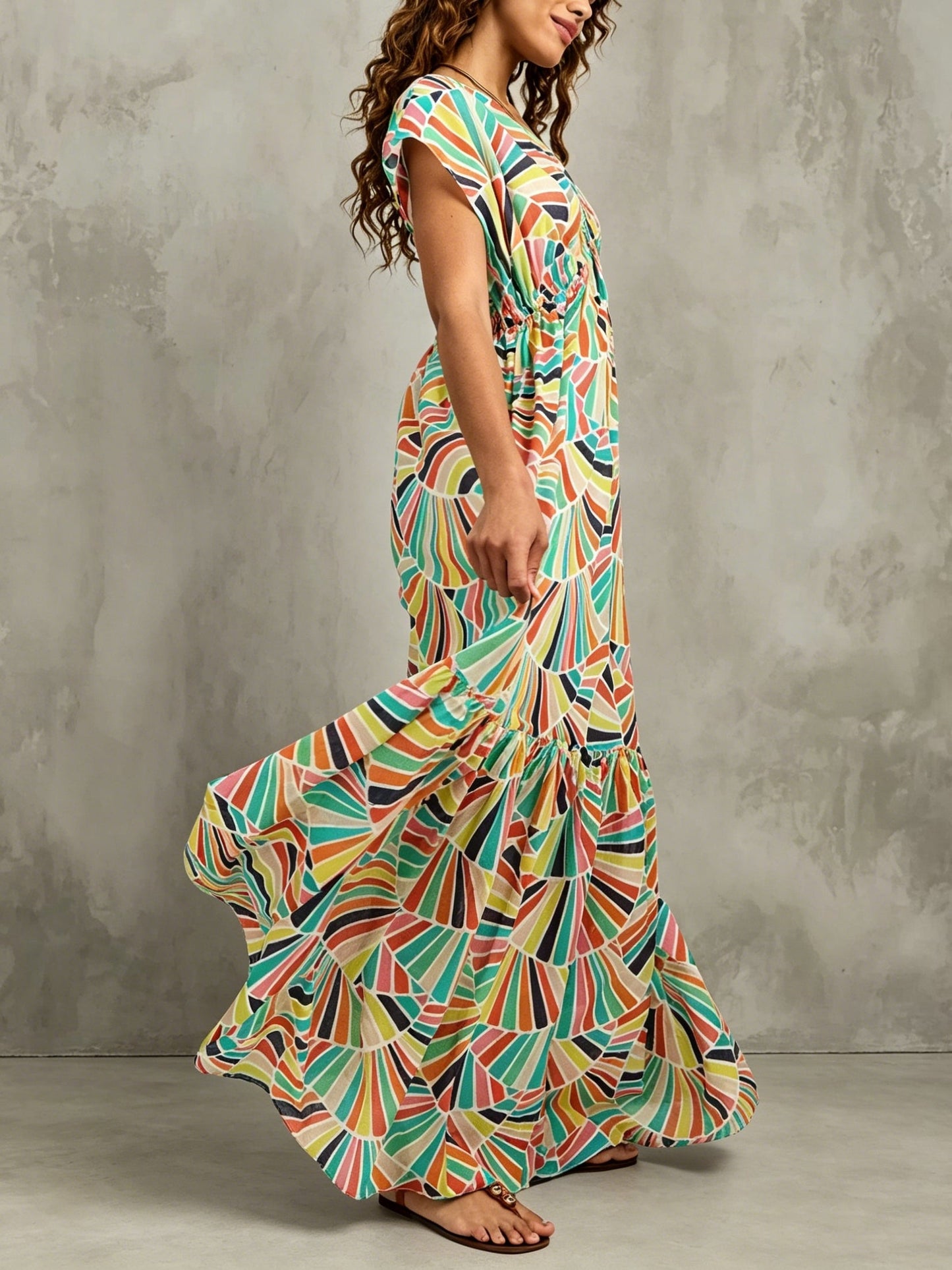 Multicolor Printed Maxi Dress with Button Front