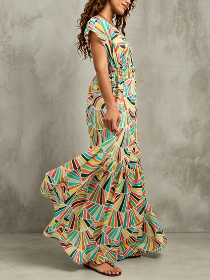 Multicolor Printed Maxi Dress with Button Front