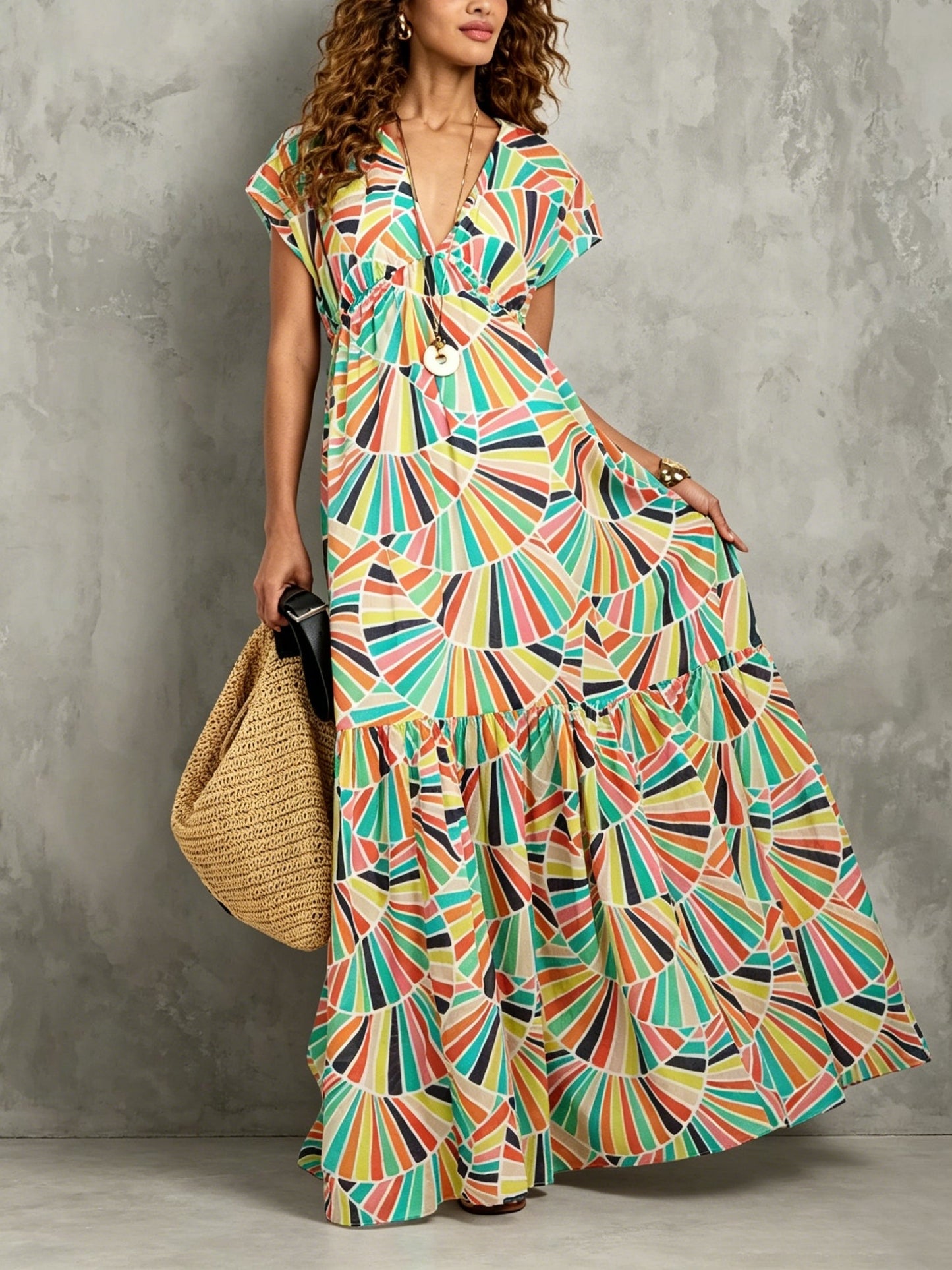 Multicolor Printed Maxi Dress with Button Front