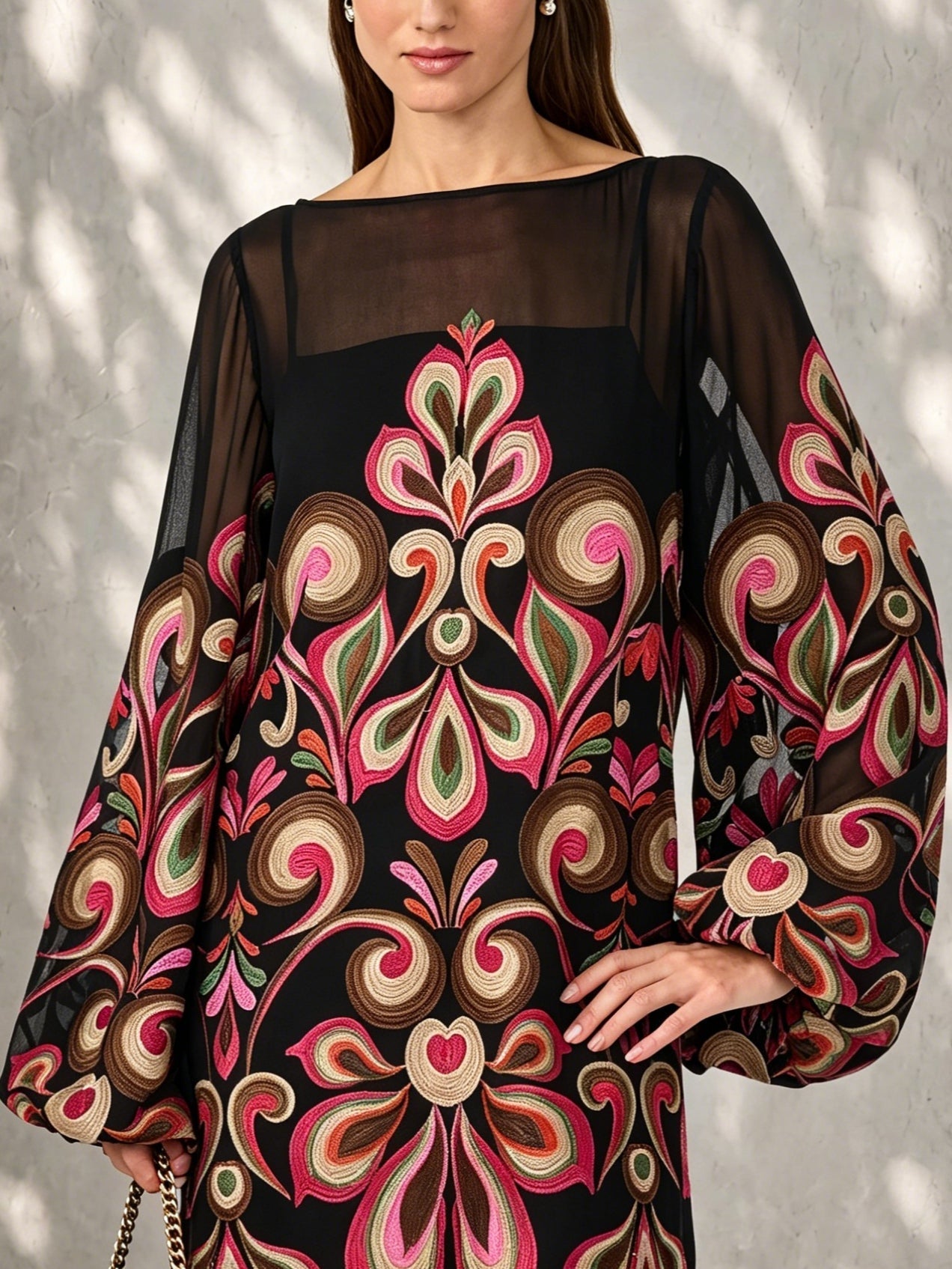Black Embroidered Mini Dress with Sheer Neckline