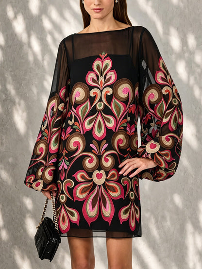 Black Embroidered Mini Dress with Sheer Neckline