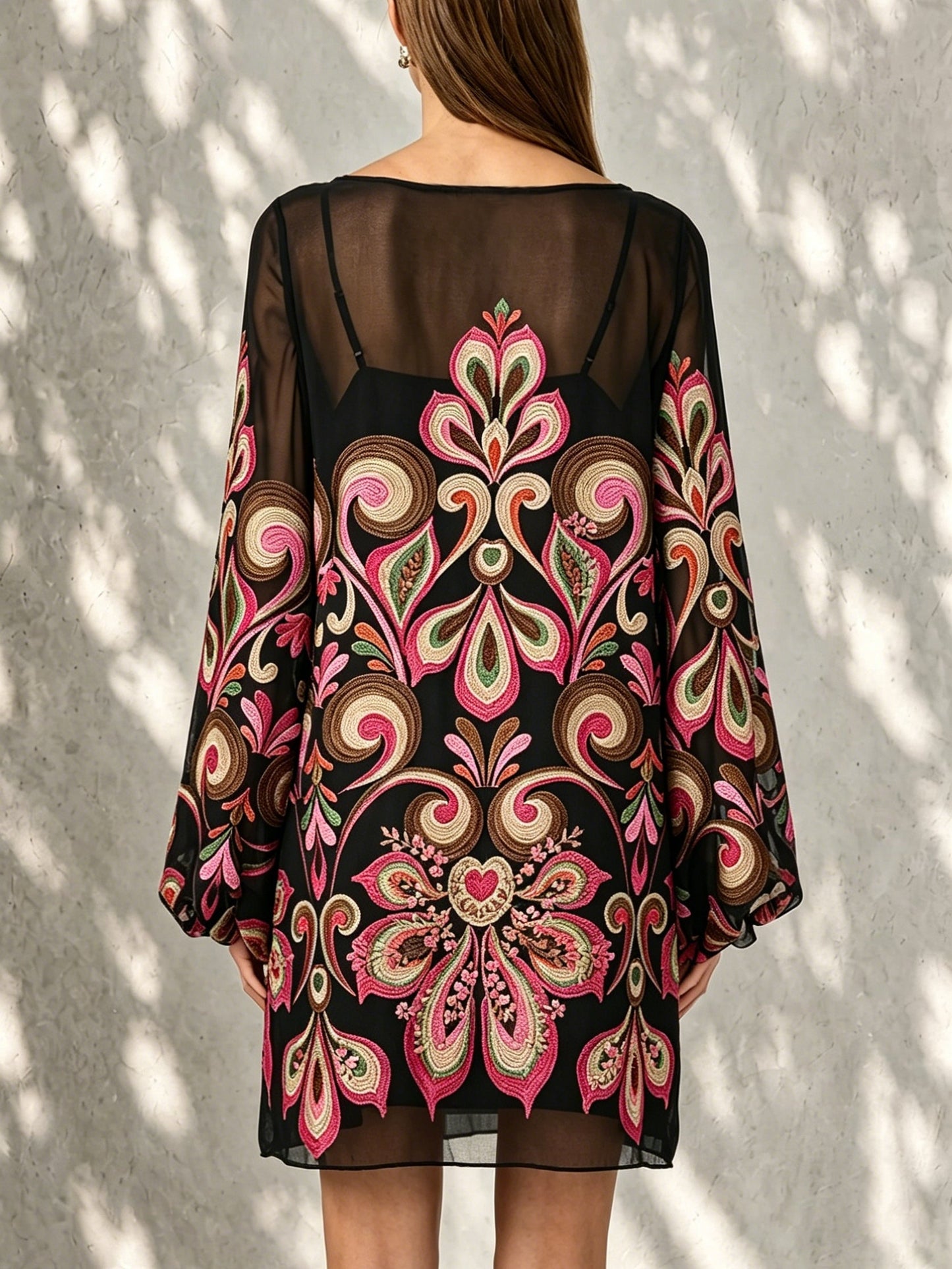 Black Embroidered Mini Dress with Sheer Neckline
