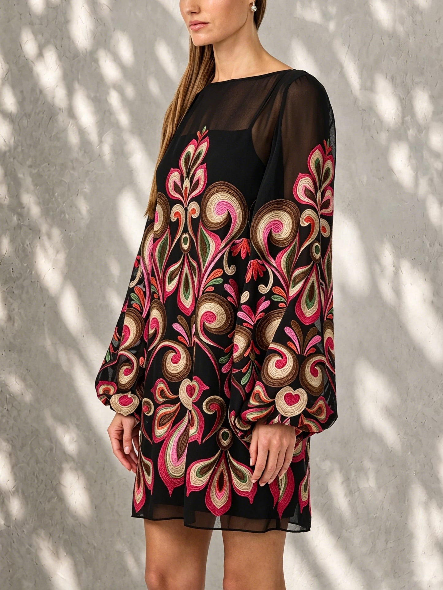 Black Embroidered Mini Dress with Sheer Neckline