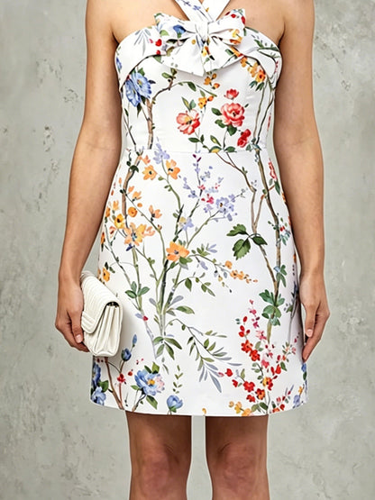 White Floral Halter Mini Dress