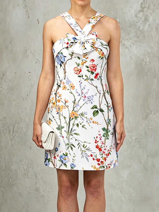 Elegant White Floral Mini Dress for Women with Halter Cross Strap A Line Cocktail Style