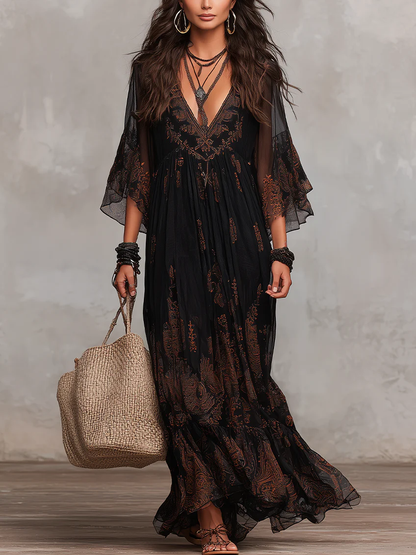 Black Lace Maxi Dress with Long Sleeves