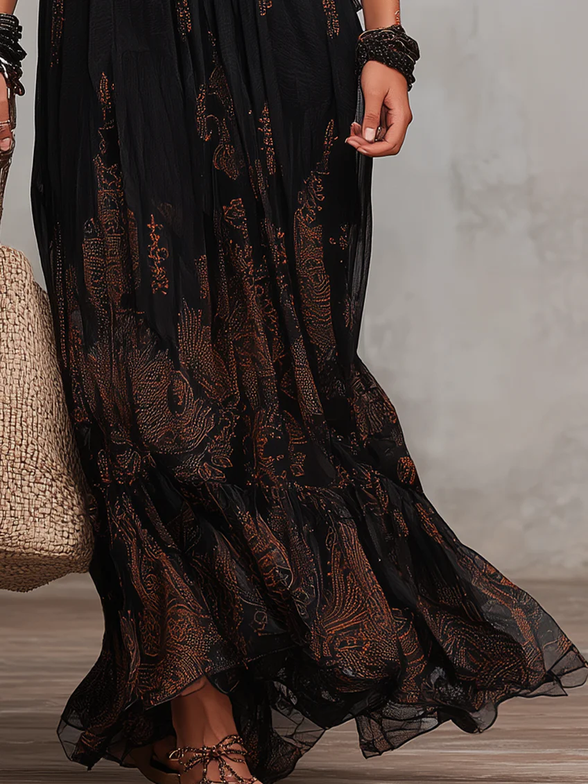 Black Lace Maxi Dress with Long Sleeves