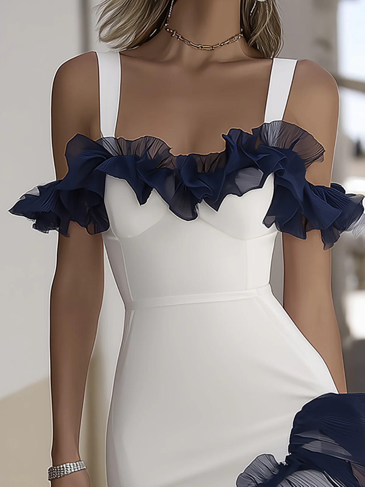 White Off Shoulder Mini Dress with Navy Ruffle Detail