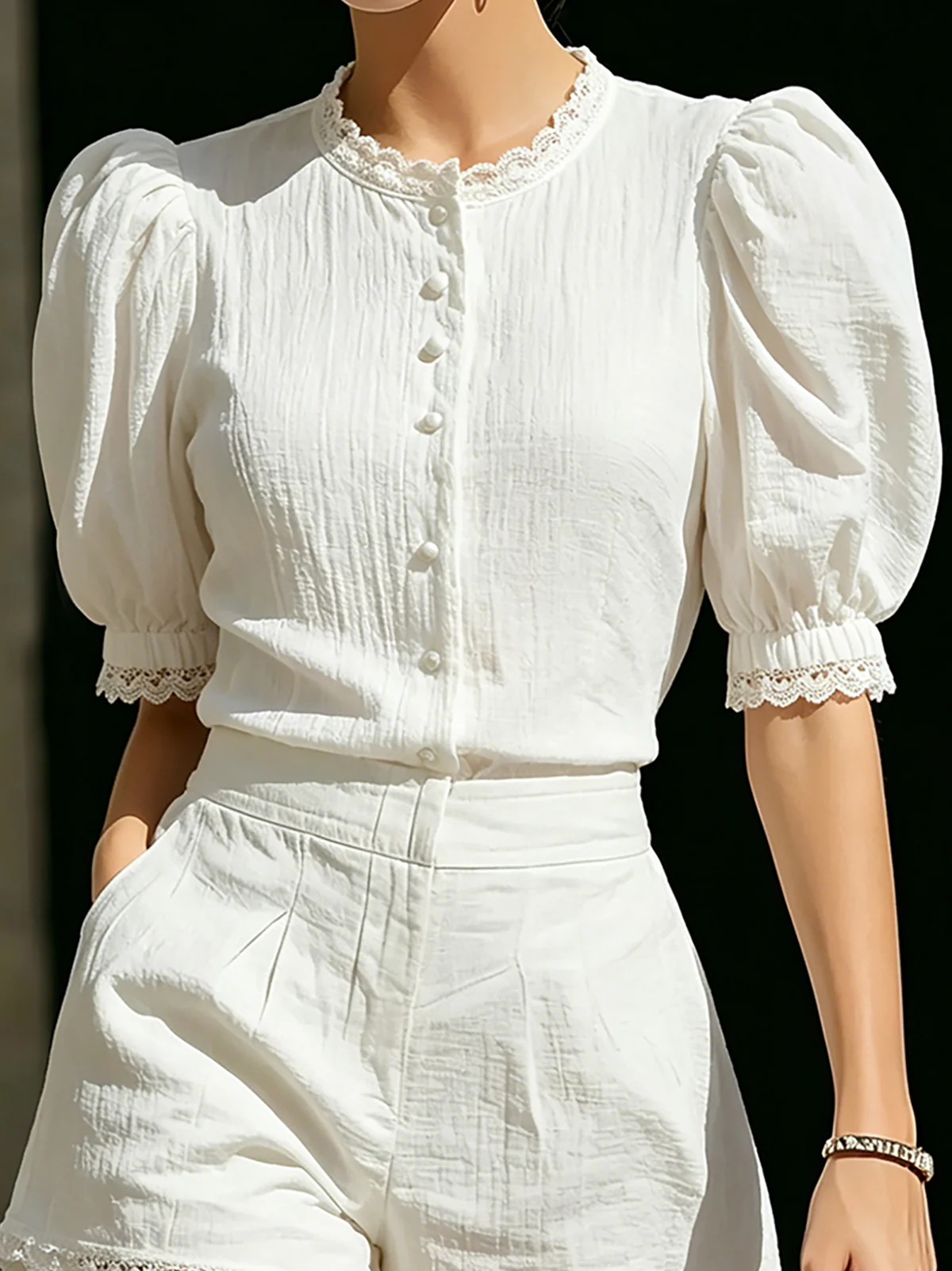 Elegant White Two Piece Set for Women with Puff Sleeve Style
