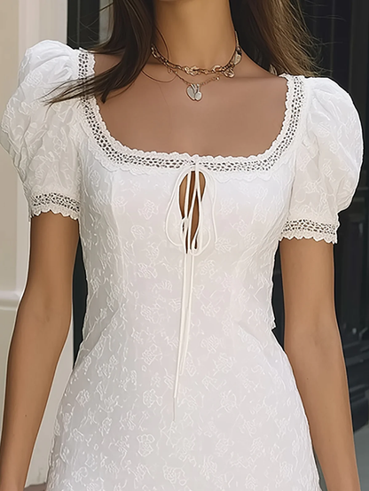 Elegant White Mini Dress for Women with Square Neck Puff Sleeve Style