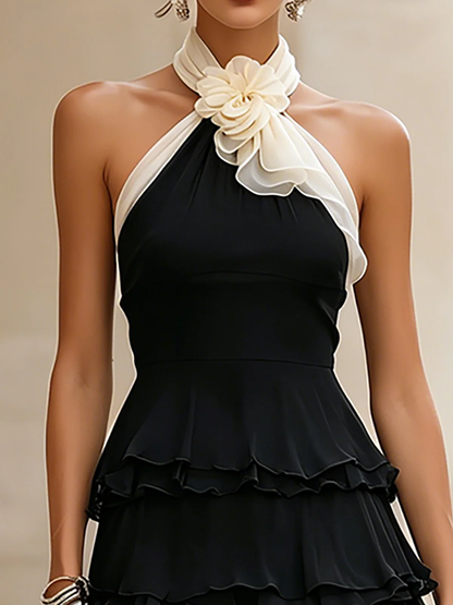 Black Halter Ruffle Mini Dress