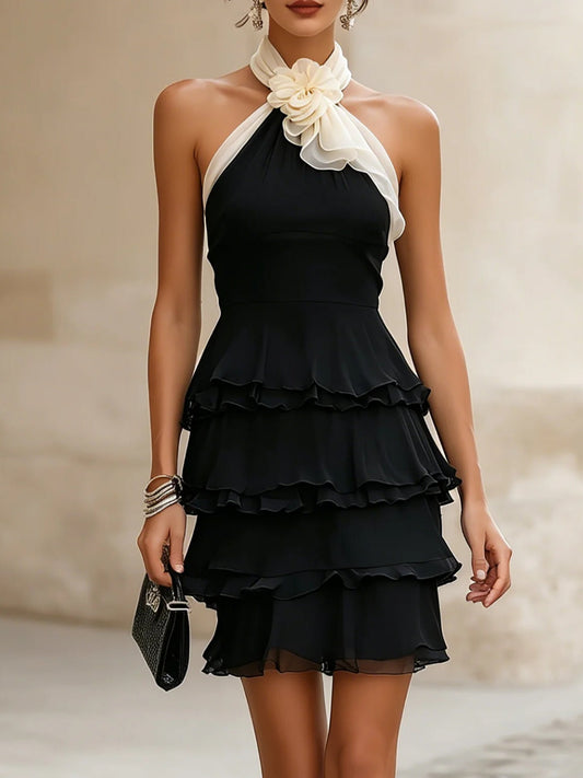 Black Halter Ruffle Mini Dress