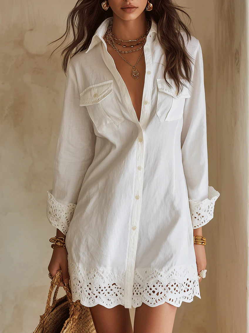 White Shirt Mini Dress with Lace Hem