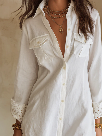 White Shirt Mini Dress with Lace Hem