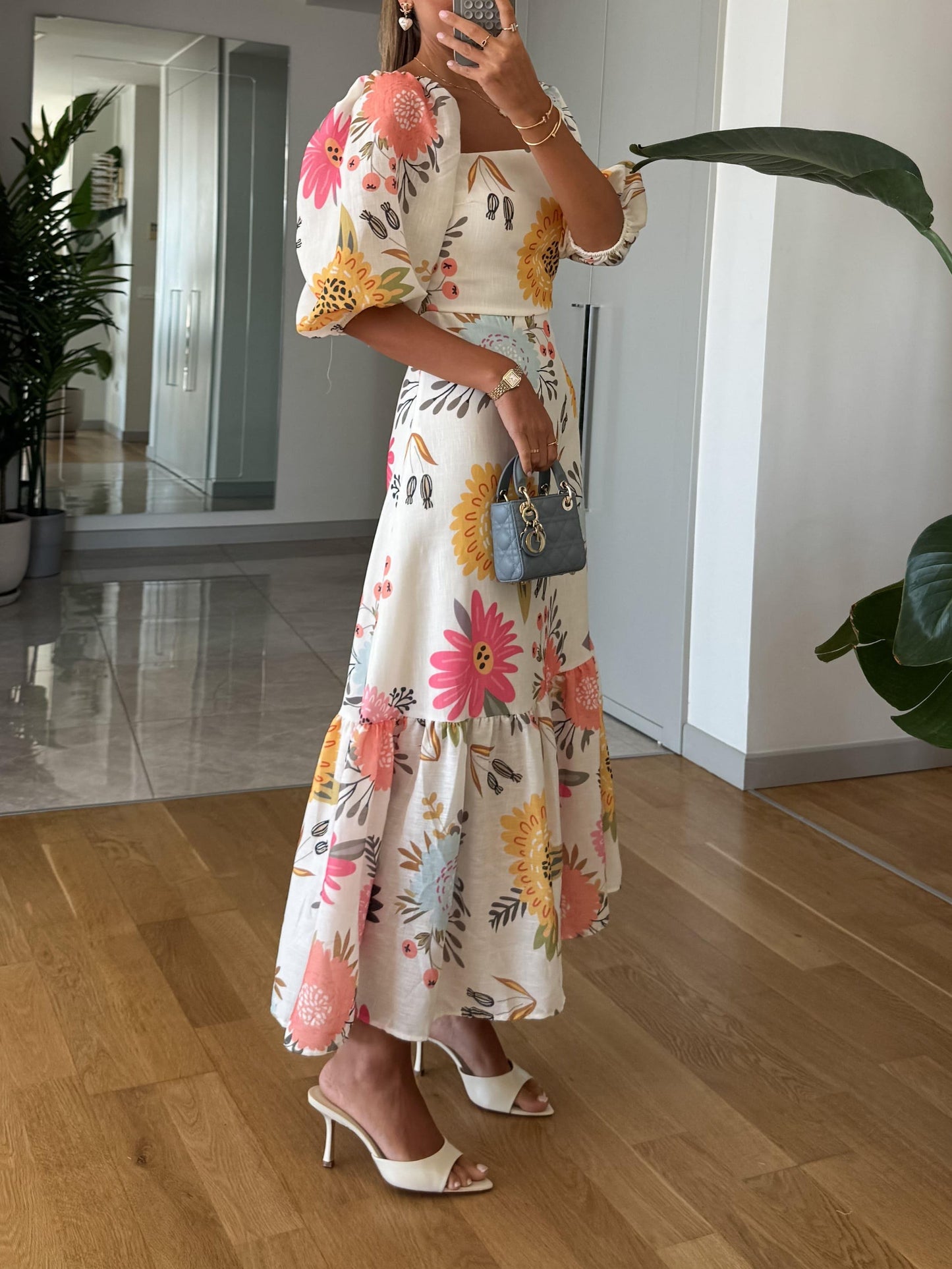 Effortless Floral Midi Dress for Women with Square Neck Puff Sleeve Style