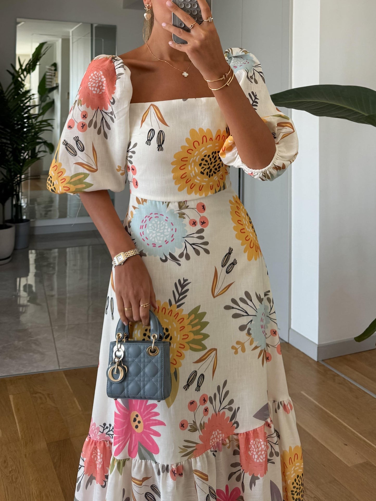 Effortless Floral Midi Dress for Women with Square Neck Puff Sleeve Style