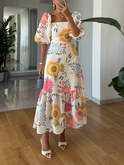 Effortless Floral Midi Dress for Women with Square Neck Puff Sleeve Style