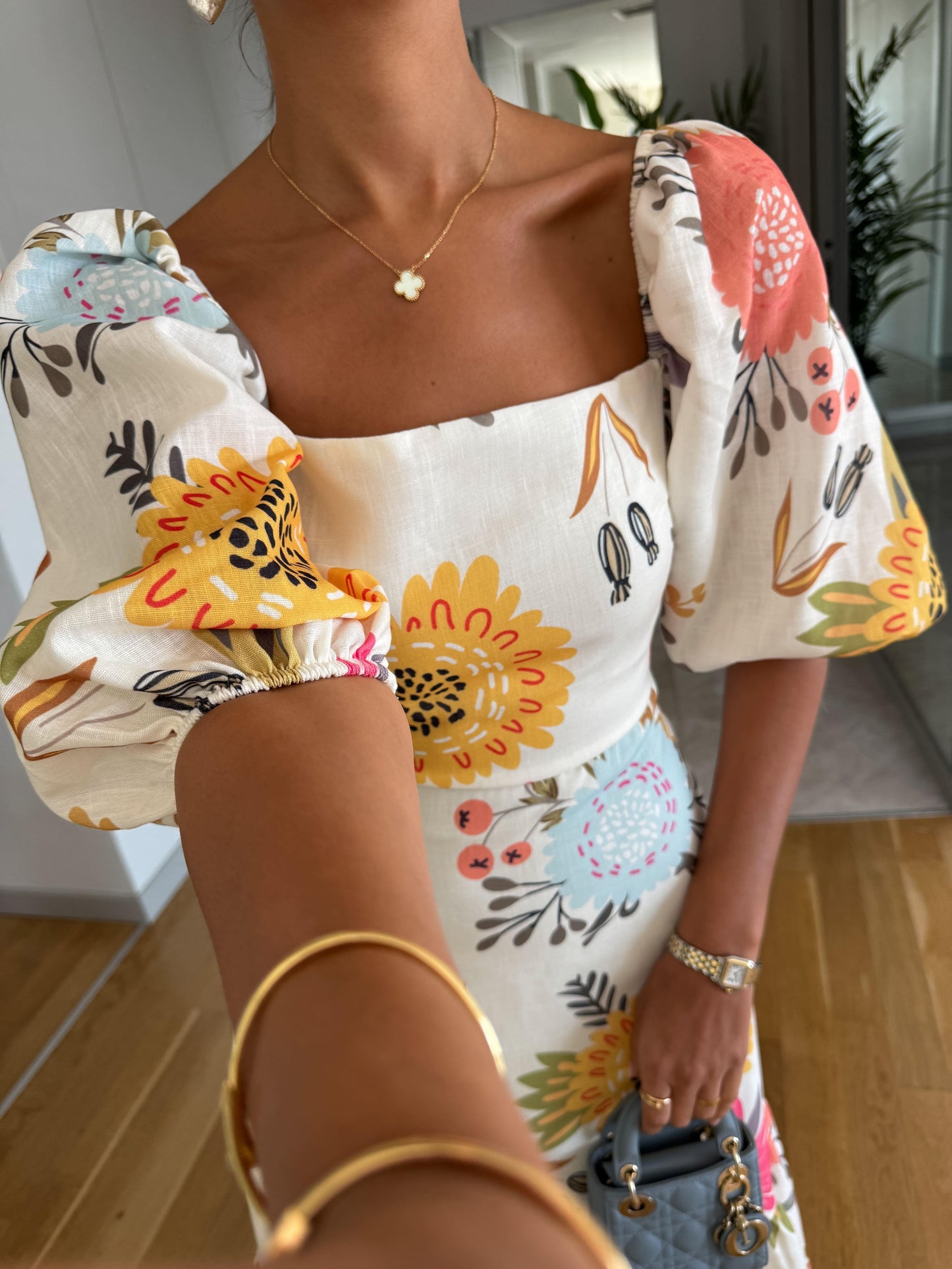 Effortless Floral Midi Dress for Women with Square Neck Puff Sleeve Style