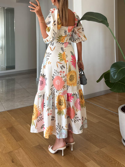 Effortless Floral Midi Dress for Women with Square Neck Puff Sleeve Style
