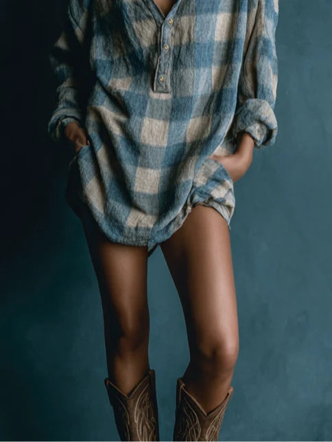 Effortless Plaid Shirt Dress for Women with Henley Neck Style