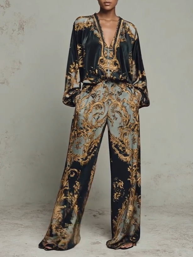 Elegant Baroque Print Two Piece Set for Women with Wide Leg Style
