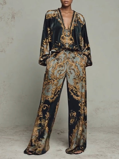 Elegant Baroque Print Two Piece Set for Women with Wide Leg Style