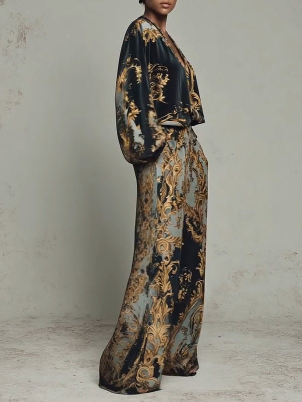 Elegant Baroque Print Two Piece Set for Women with Wide Leg Style