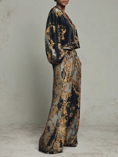 Elegant Baroque Print Two Piece Set for Women with Wide Leg Style