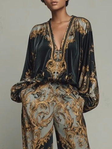 Elegant Baroque Print Two Piece Set for Women with Wide Leg Style