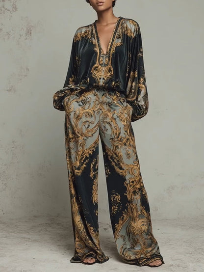 Elegant Baroque Print Two Piece Set for Women with Wide Leg Style