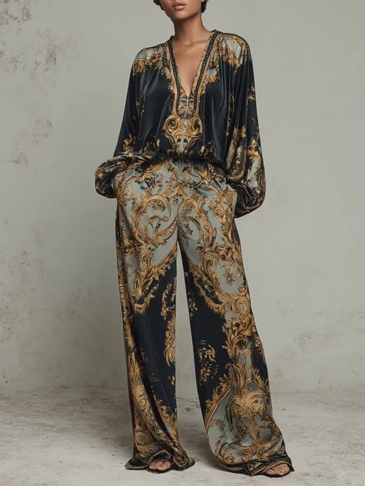 Elegant Baroque Print Two Piece Set for Women with Wide Leg Style