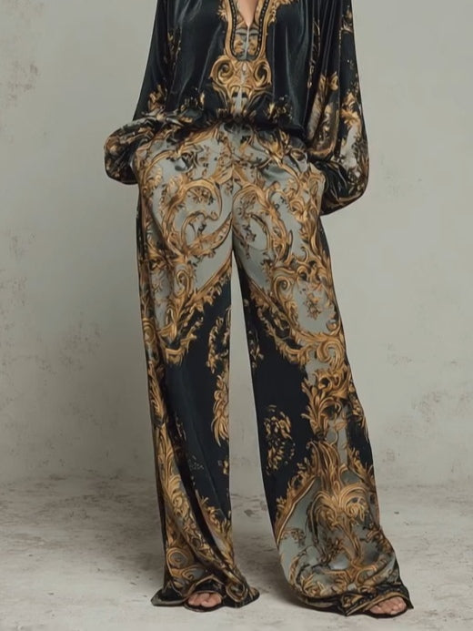 Elegant Baroque Print Two Piece Set for Women with Wide Leg Style