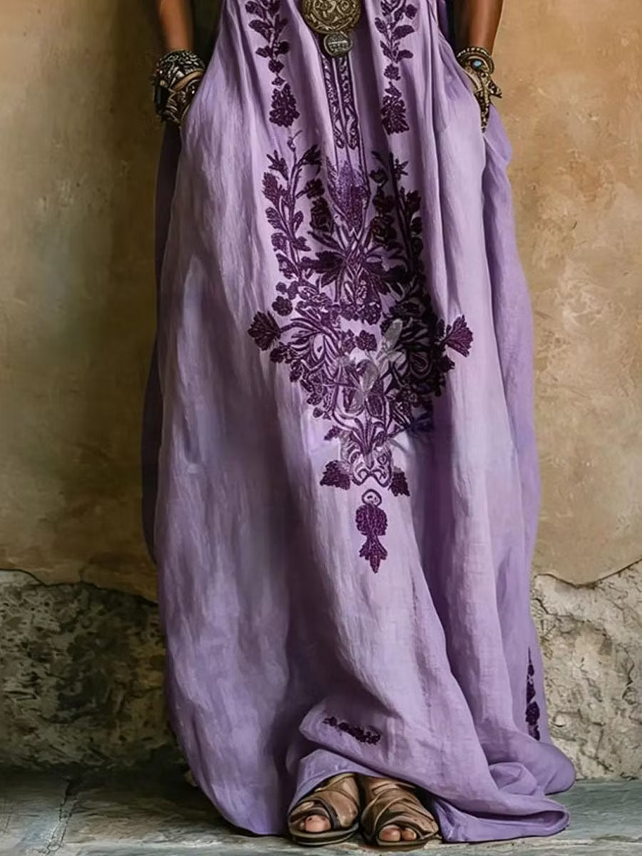Purple Embroidered Kaftan Maxi Dress