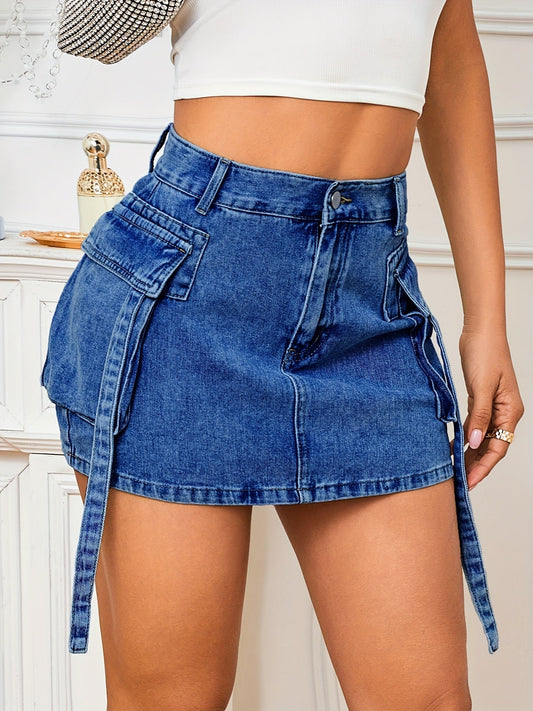 Stylish Blue Denim Mini Skirt for Women with High Waist Utility Cargo Pocket Jean Skirt Casual Style