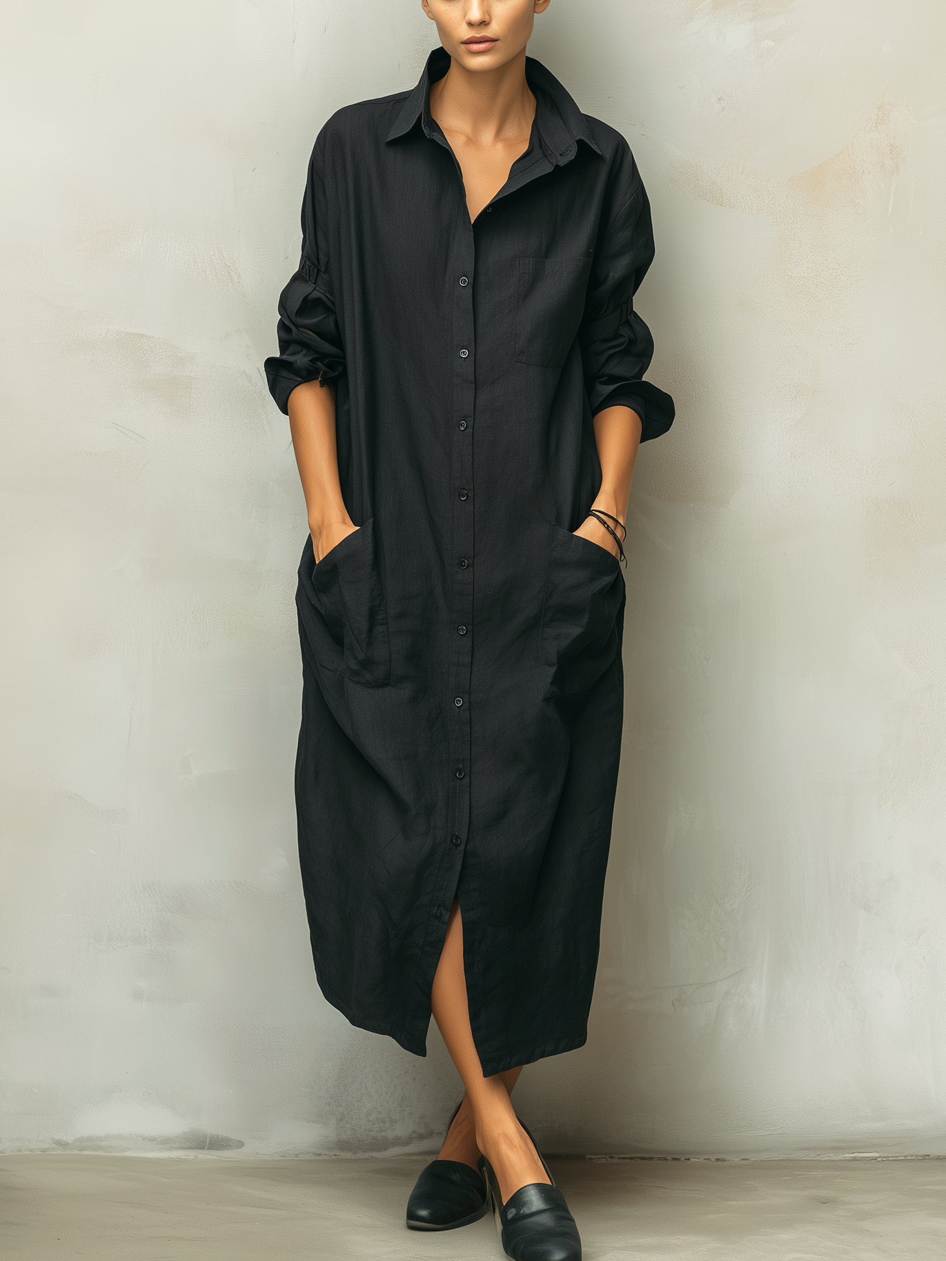Effortless Black Shirt Dress for Women with Collared Neck Style