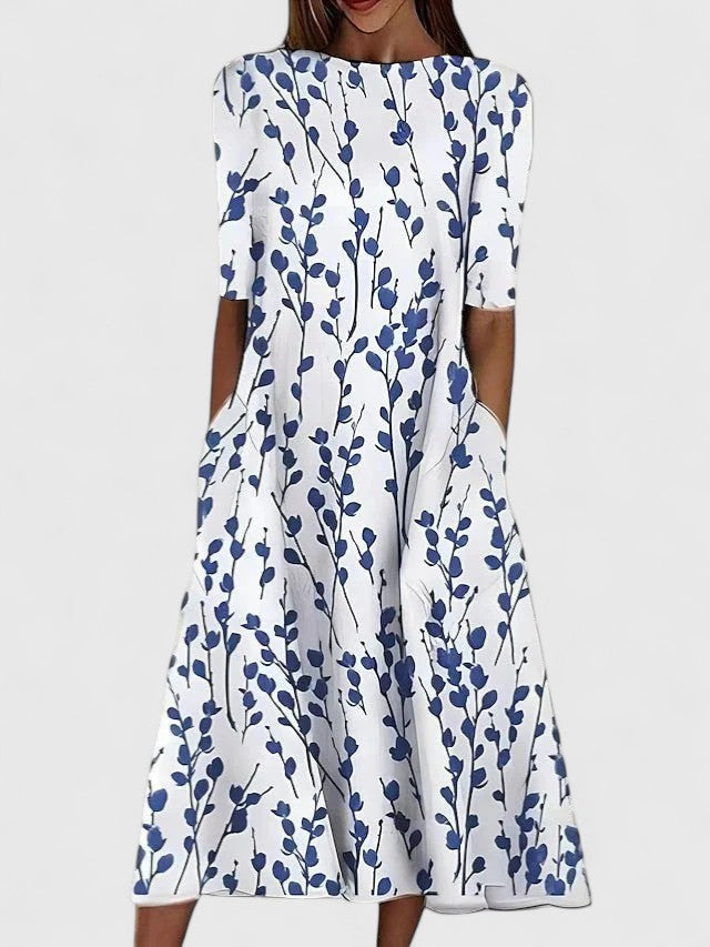 Printed Midi Dress with Puff Sleeves