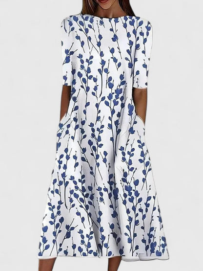 Printed Midi Dress with Puff Sleeves