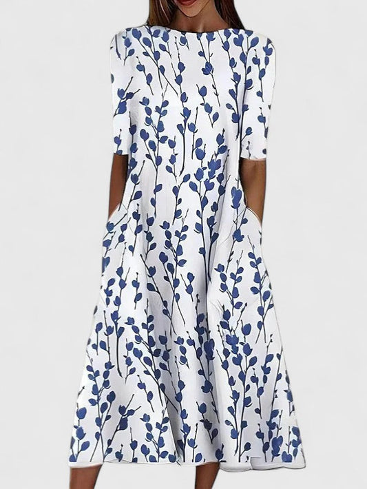 Comfortable Floral Midi Dress for Women with Round Neck Short Sleeve A Line Swing Pocket Style
