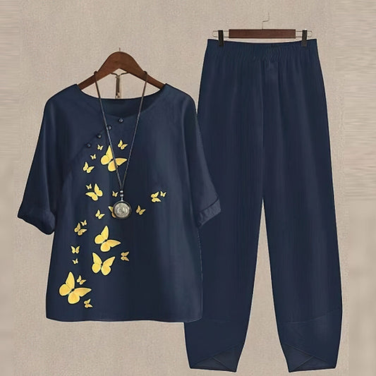 Effortless Two Piece Set for Women with Printed Short Sleeve Top Tapered Pants Relaxed Casual Style