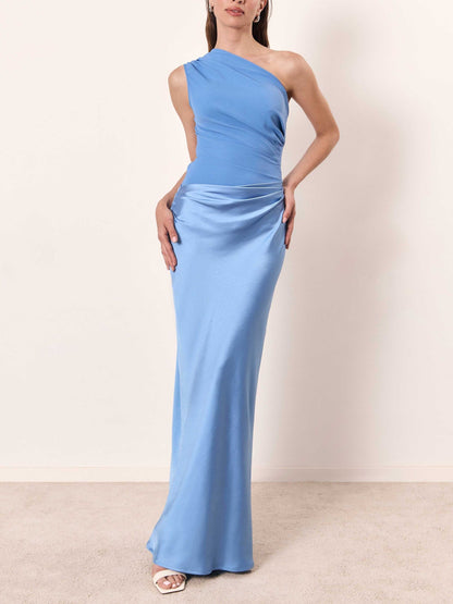 Elegant Satin Maxi Dress for Women with One Shoulder Formal Wedding Guest Style