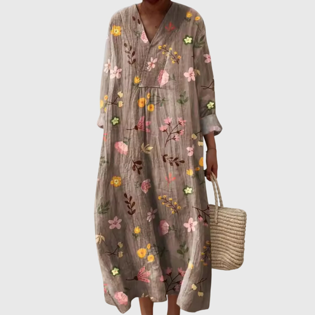 Effortless Linen Maxi Dress for Women with V Neck Long Sleeve Style
