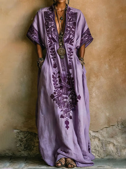 Purple Embroidered Kaftan Maxi Dress