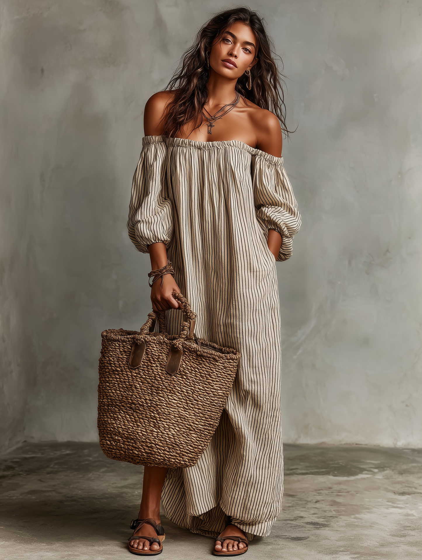 Effortless Striped Linen Maxi Dress for Women with Off Shoulder Style