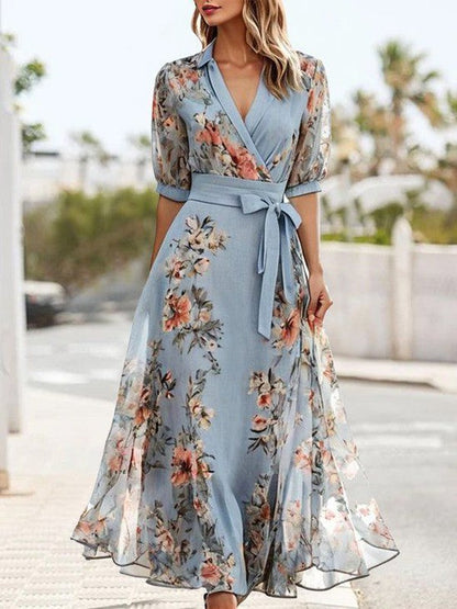 Blue Floral Wrap Midi Dress