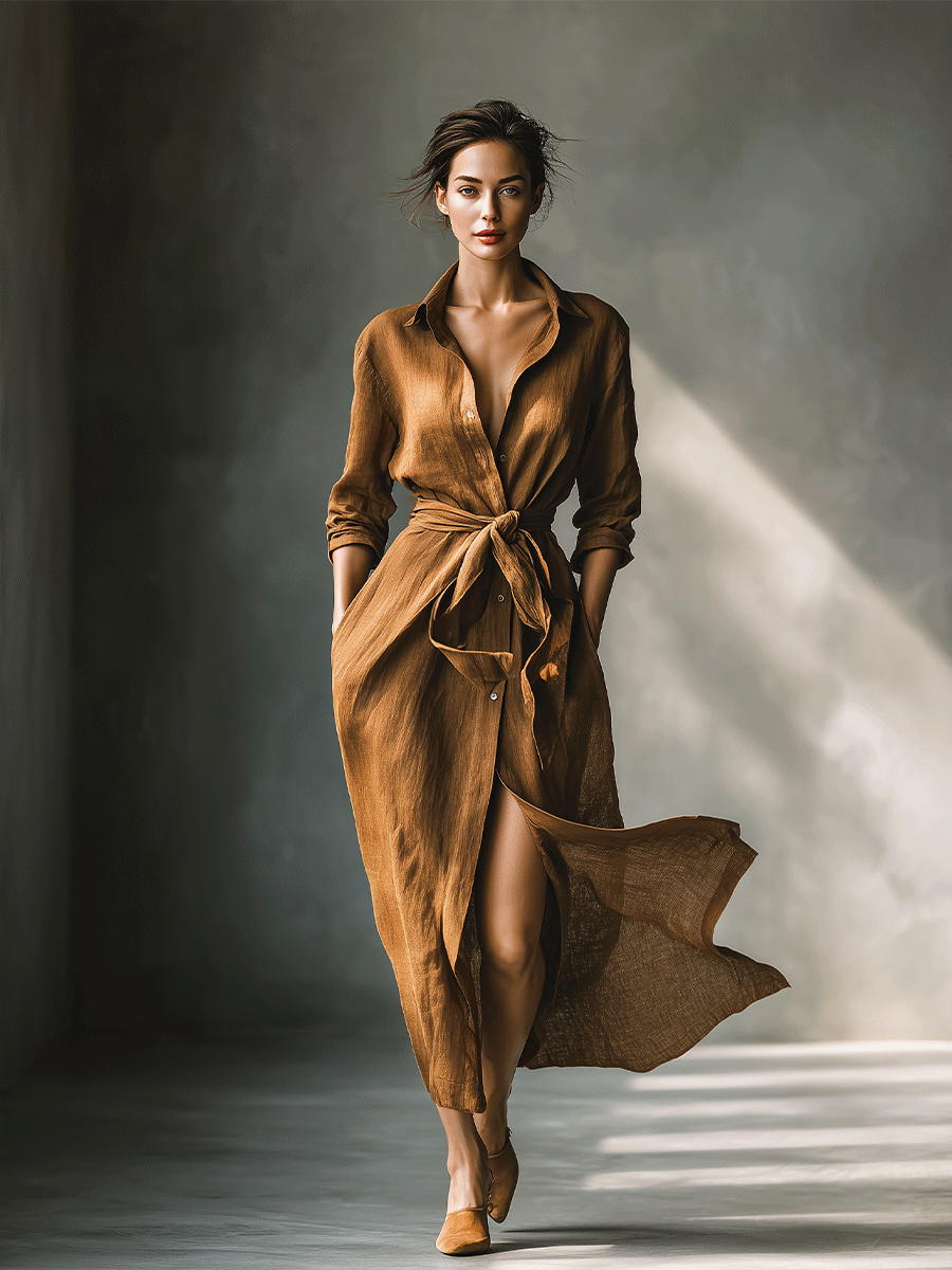 Effortless Brown Shirt Dress for Women with Collar V Tie Style